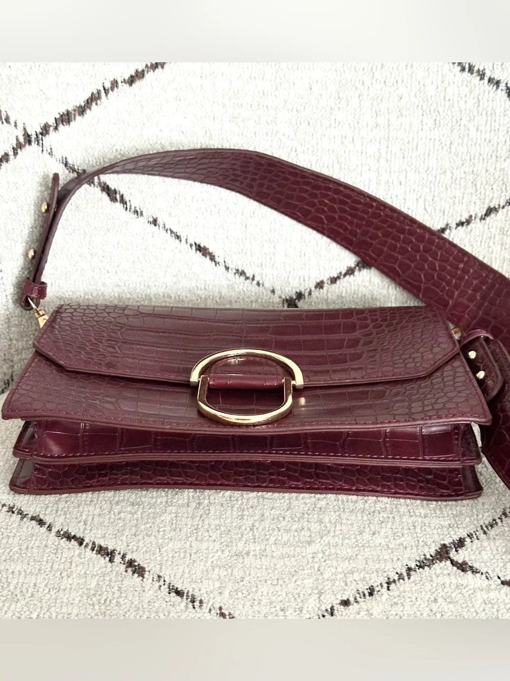 Madison West Croc-Embossed Wine Shoulder Bag with Gold Hardware